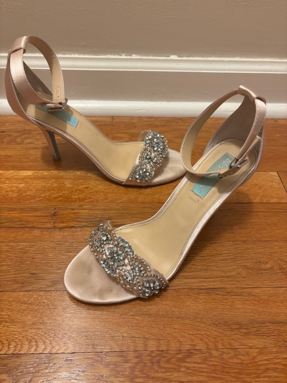 Betsey Johnson Blush Satin Crystal-Embellished Ankle-Strap Heels